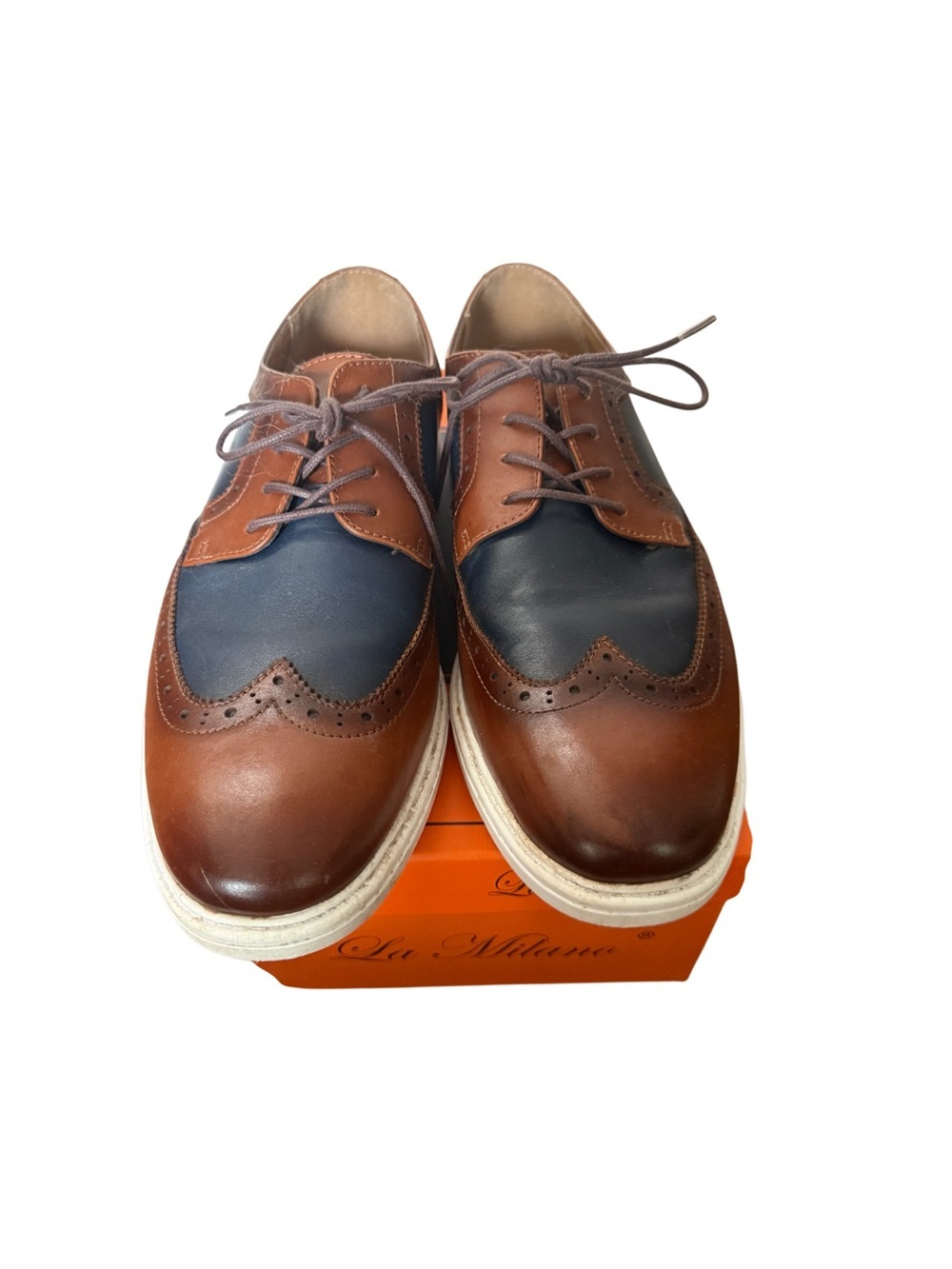 Men’s Brown and Navy Two-Tone Wingtip Oxfords by La Milano Size 12